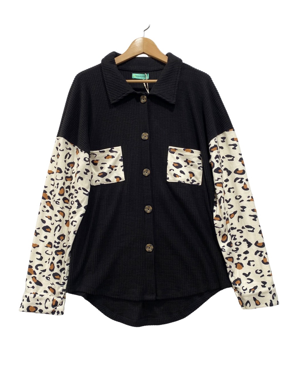 NWT Sunshine & Rodeo Leopard Sleeve Ribbed Knit Black Top Size M Western Boho